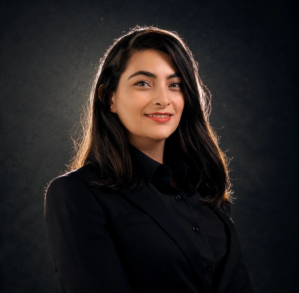 Portrait of the consultant wearing a black shirt against a dark backdrop