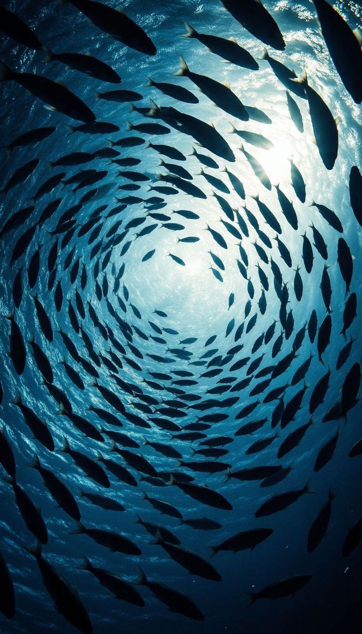 A school of fish circling beneath the ocean surface