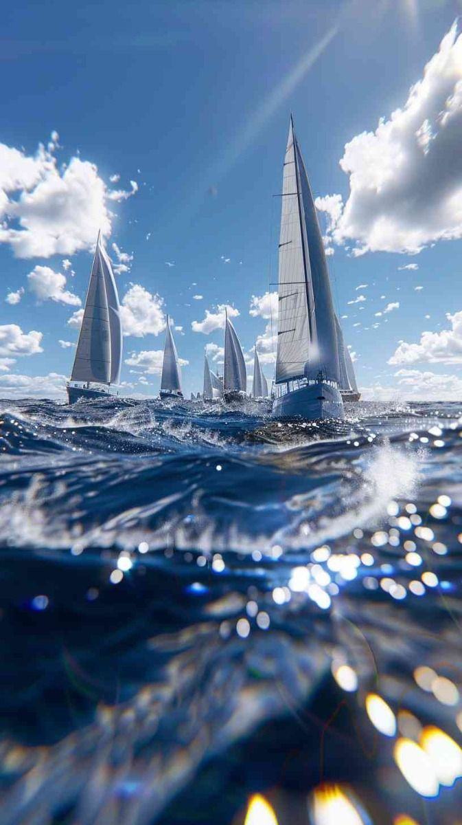 A fleet of sailboats racing under full sail