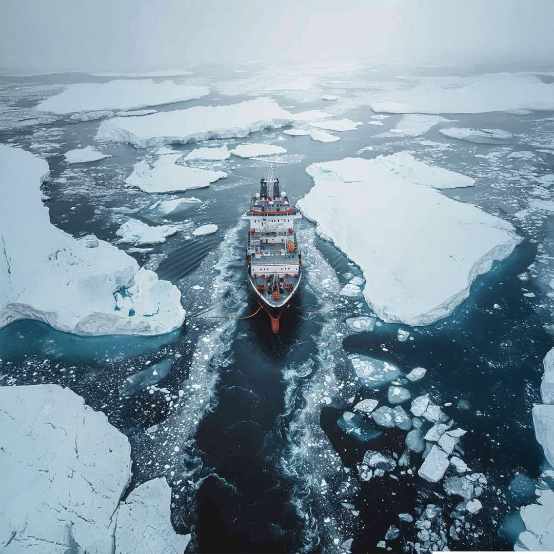 An icebreaker ship carving a path through ice floes