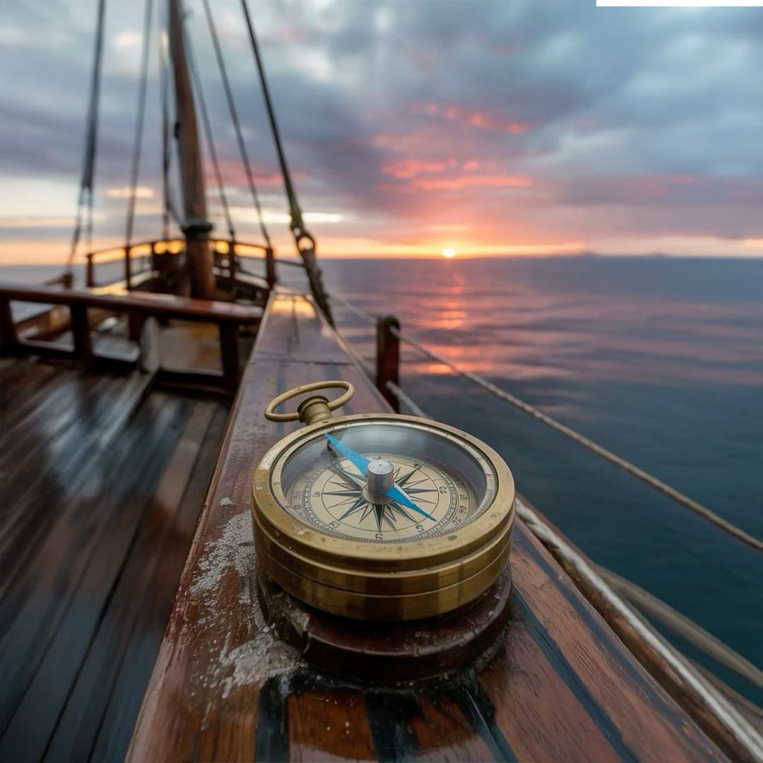 A brass compass resting on the rail of a sailboat
