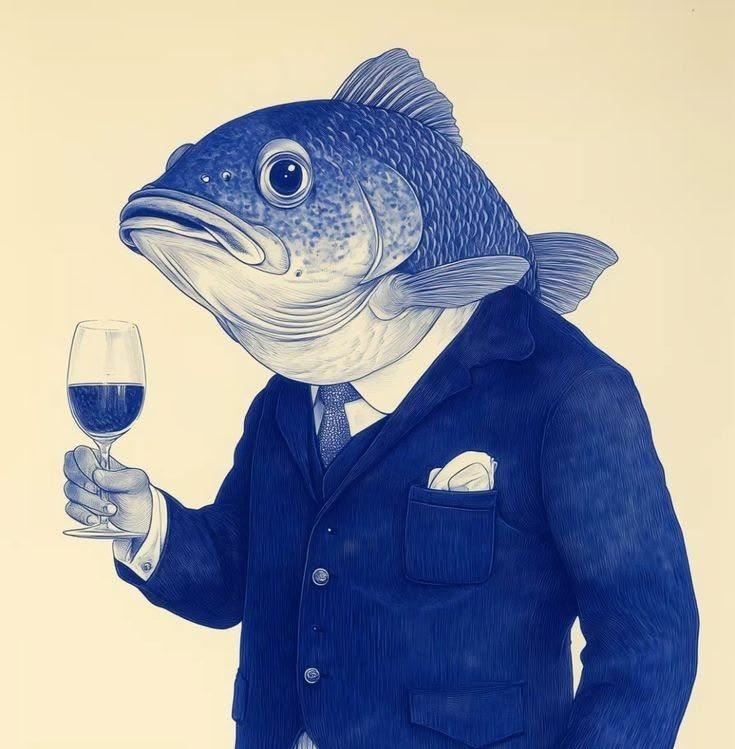 Illustration of a fish in a suit holding a glass of wine