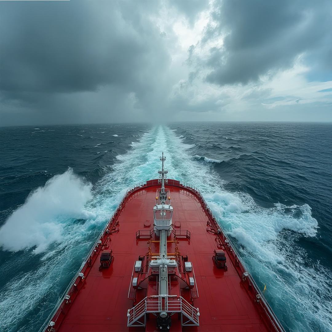The bow of a red ship cutting through a stormy sea
