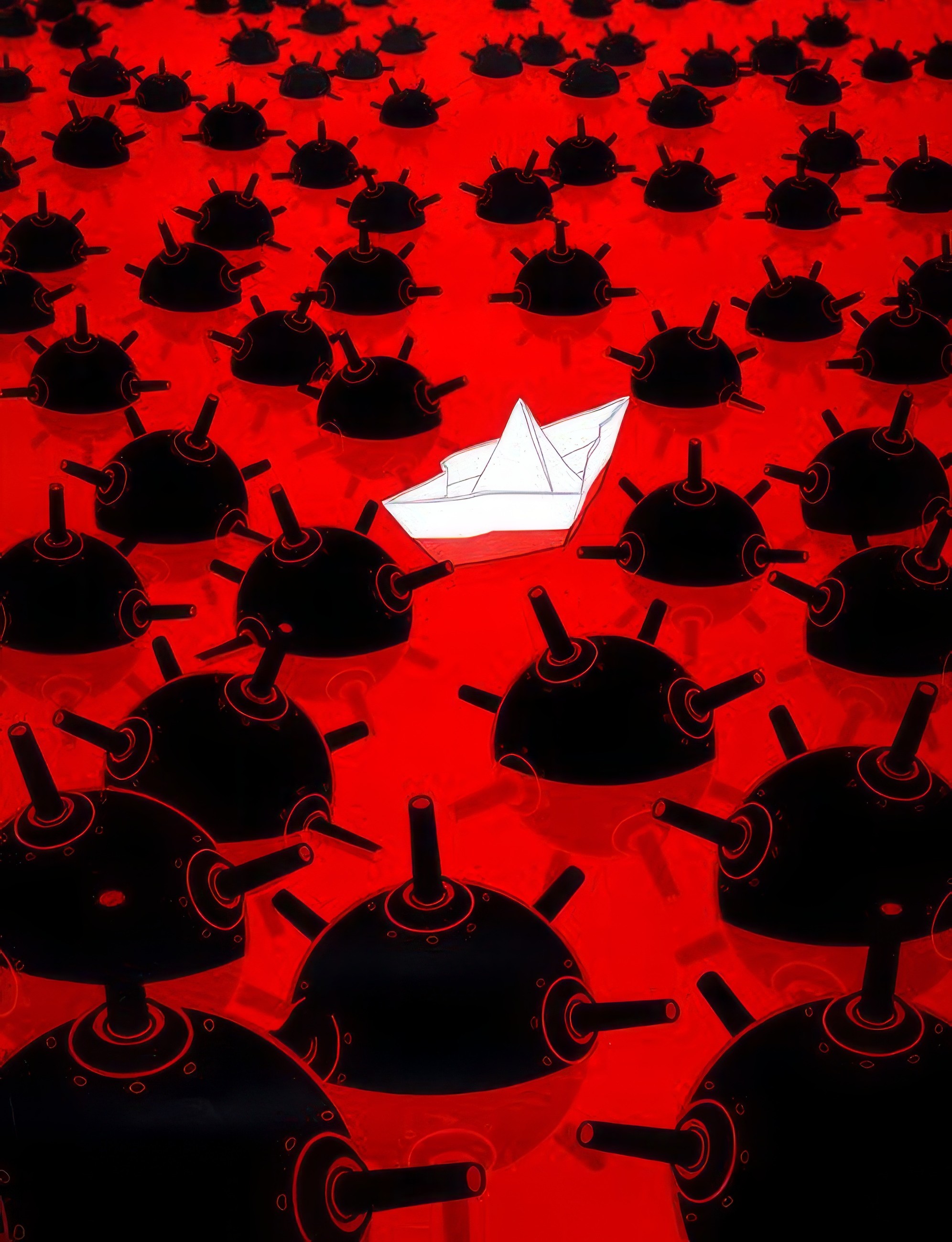 A white paper boat navigating through a sea of black mines on a red background